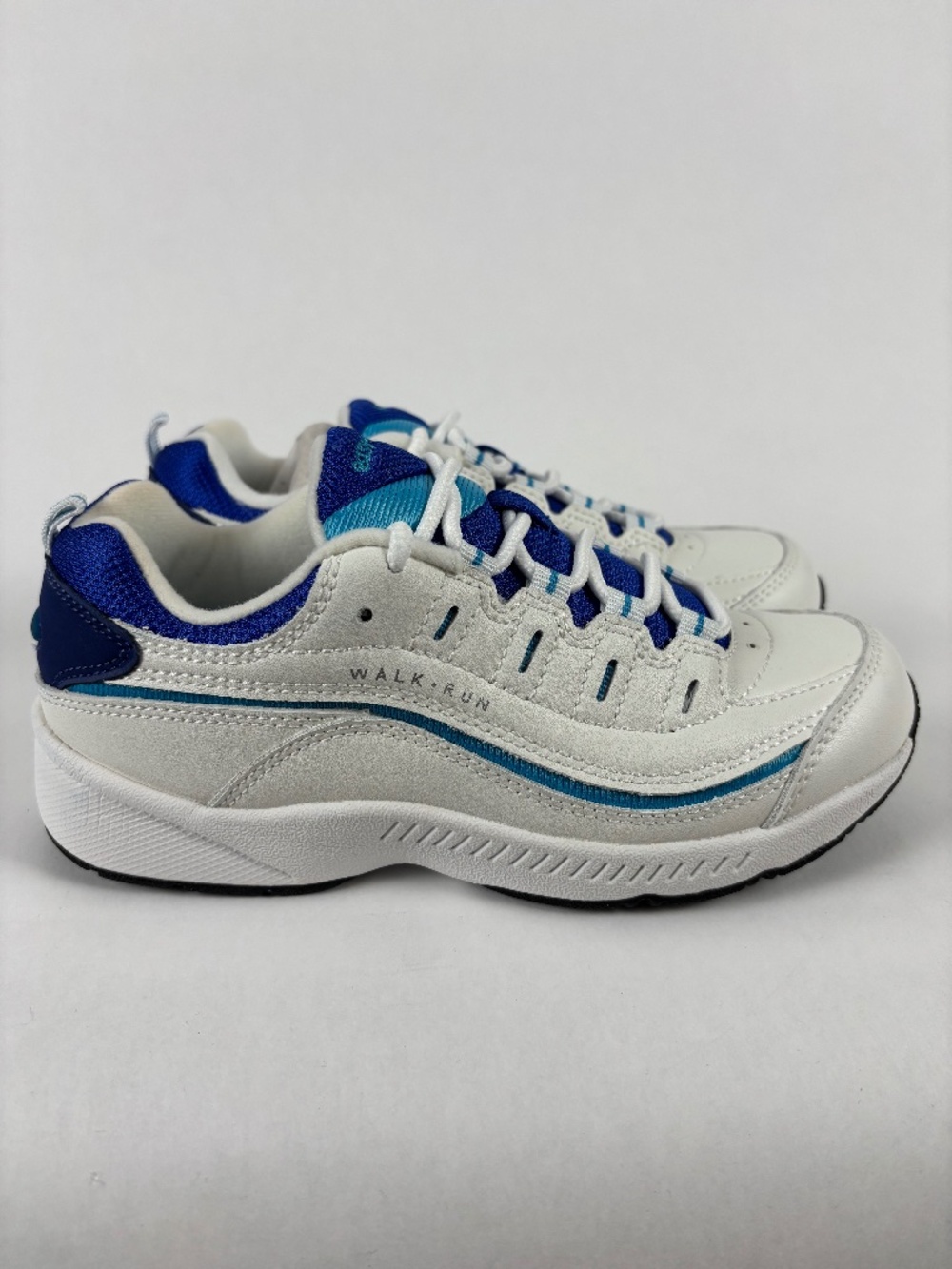 Easy Spirit Romy Leather Walking/Run Shoes, White and Blue Women's Sneakers, 5